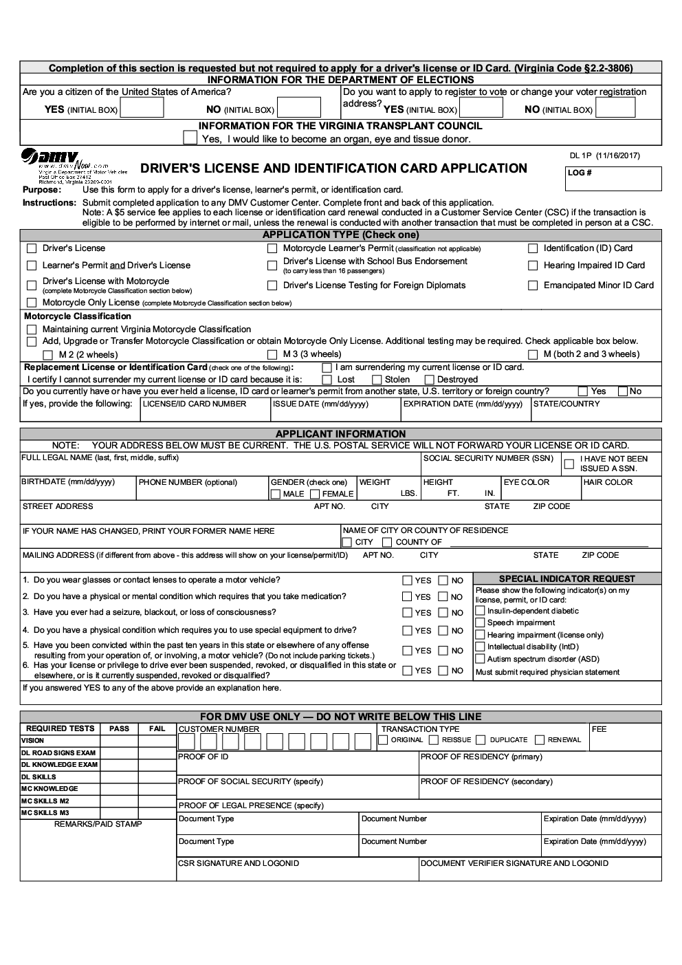 dmv driver's license application form