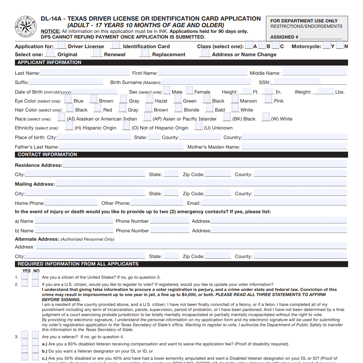 dmv driver's license application form