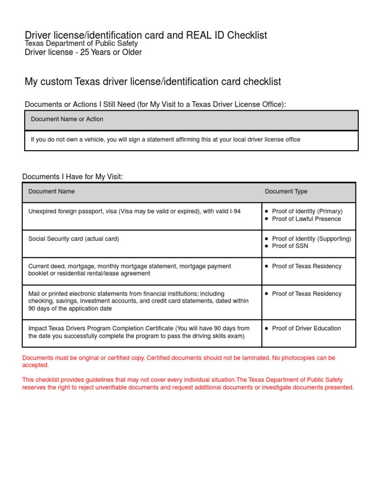 driver license checklist texas